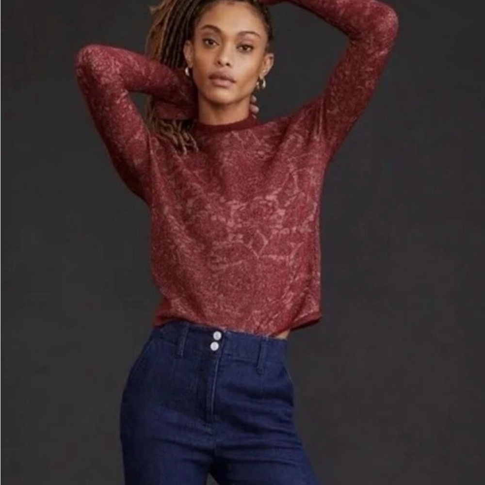 Anthropologie Burgundy Hanna Lace Mock Neck Sweater